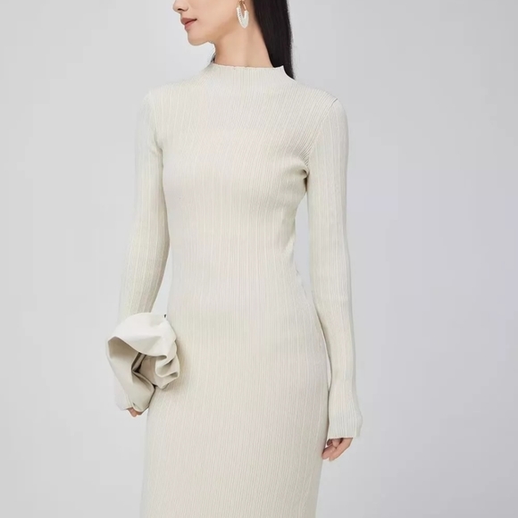Cream Ribbed Knit High Neck Midi Dress - Picture 4 of 15